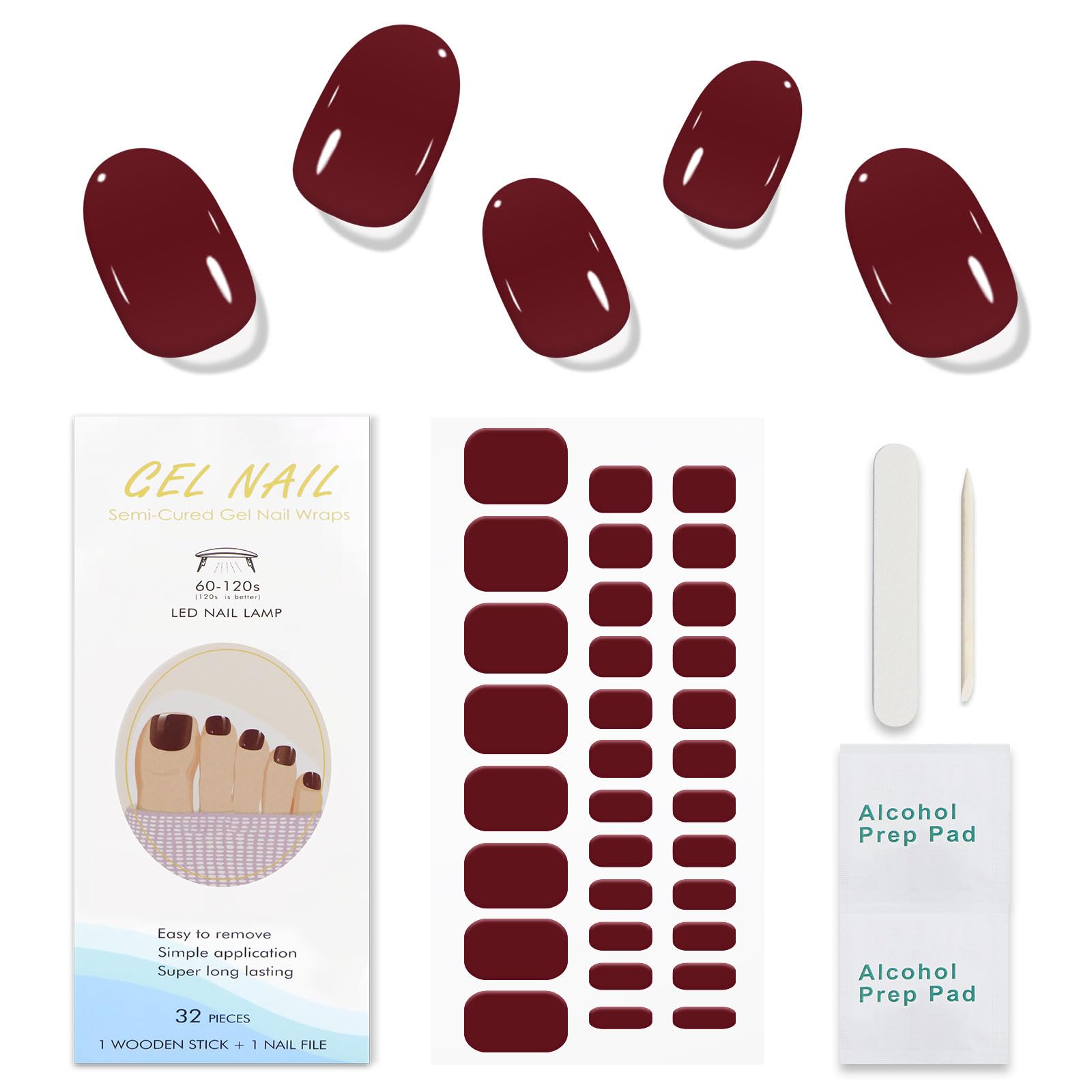 JMEOWIO Gel Toenail Stickers Wine Red Semi Cured Gel Toenail Strips Wraps UV/LED Toenail Supplies Toenail Art Design Decoration Accessories