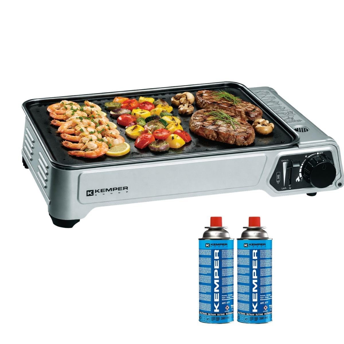KEMPER - Piastra a gas portatile 2300 W piastra antiaderente + 2 cartucce di gas campeggio + Valigia di trasporto