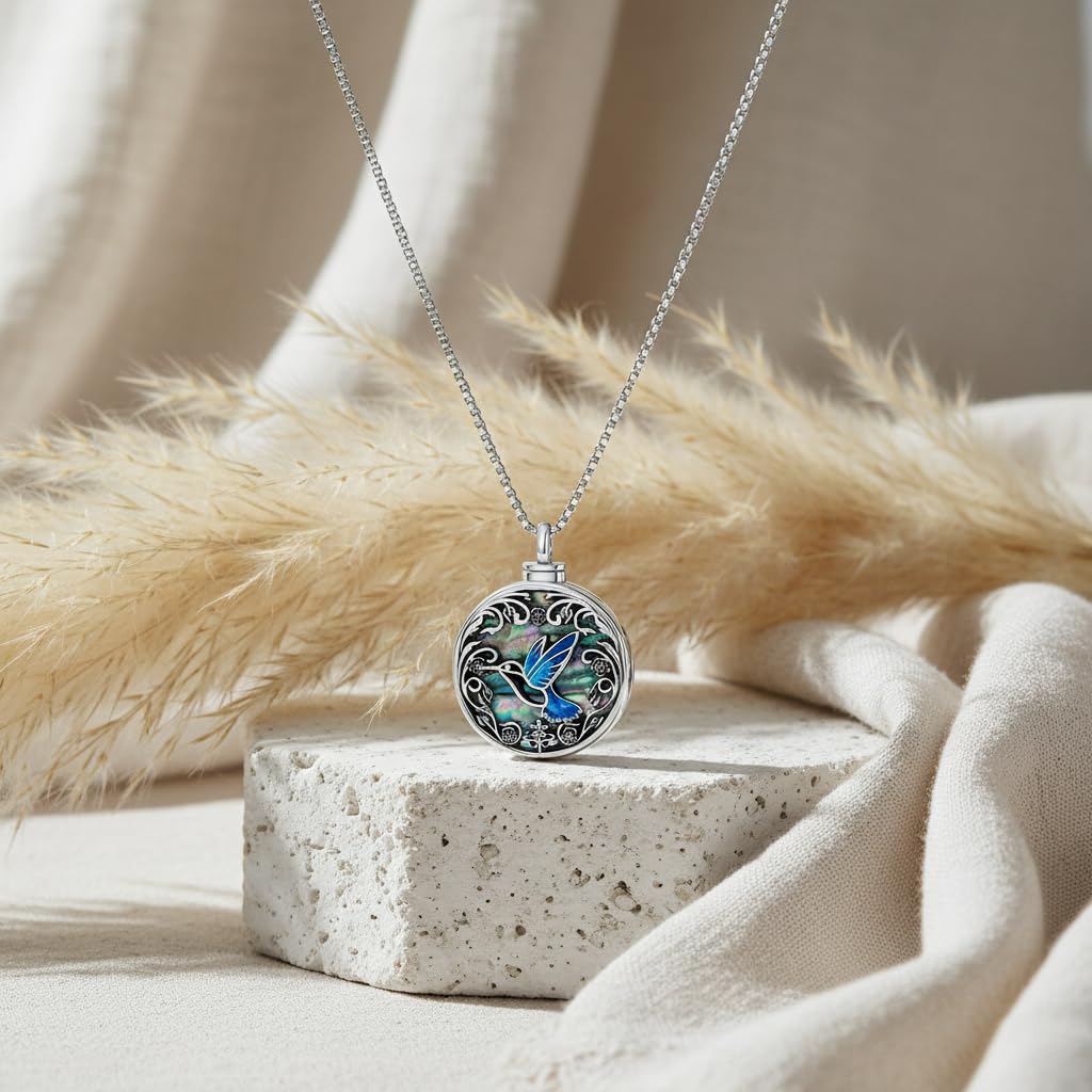 JKR Collana con ciondolo a forma di farfalla, libellula, coccinella, ape, colibrì, per ceneri da donna, in argento Sterling, con conchiglia di abalone, gioiello commemorativo per cremazione con imbuto