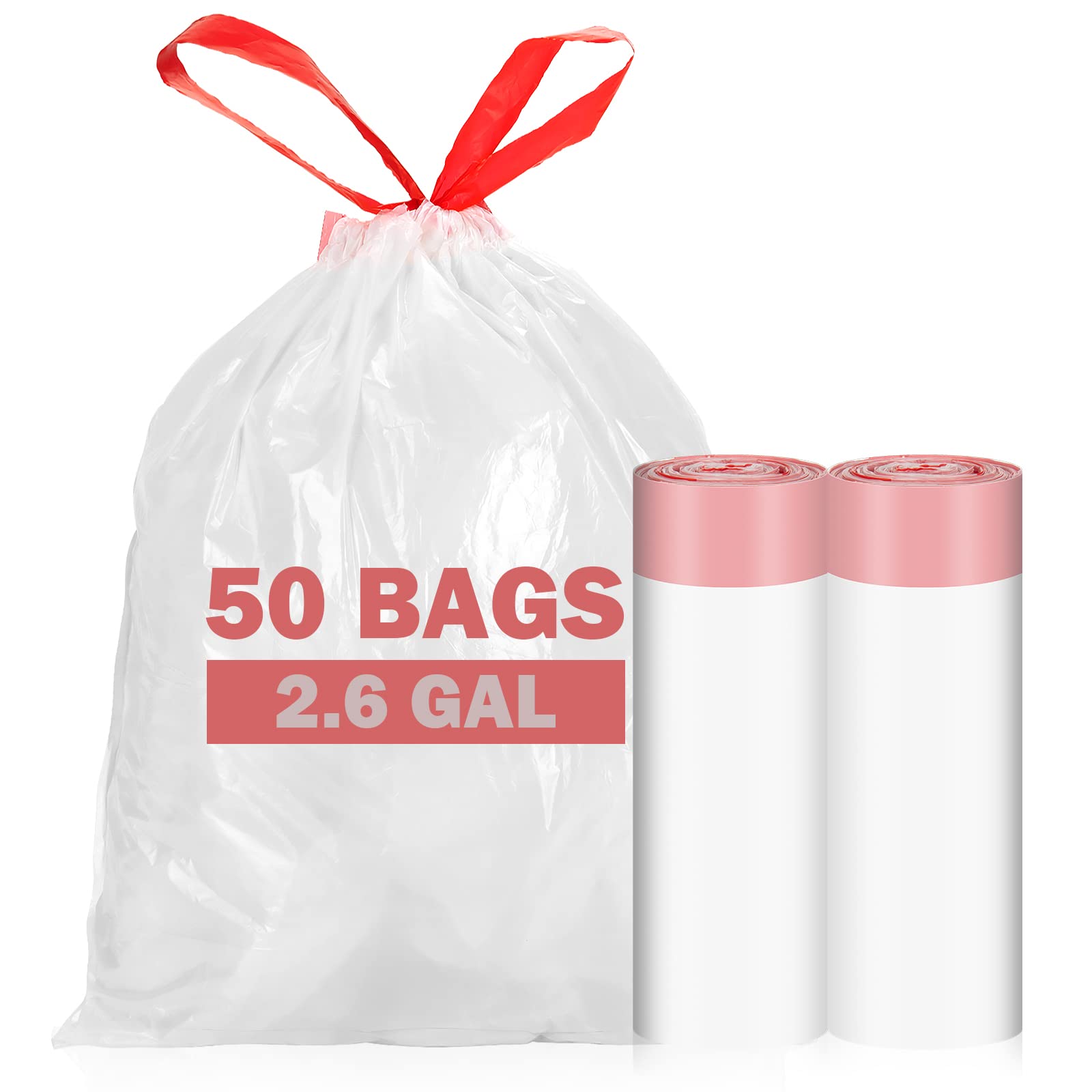 2-2.6 Gallon Small Trash Bags Drawstring, Ryobyo Bathroom Trash Bags Leak-Free, Small Garbage Bags Unscented, Stretchy, Quick Cinch for Bathroom Kitchen, White, 10L, 50 Bags