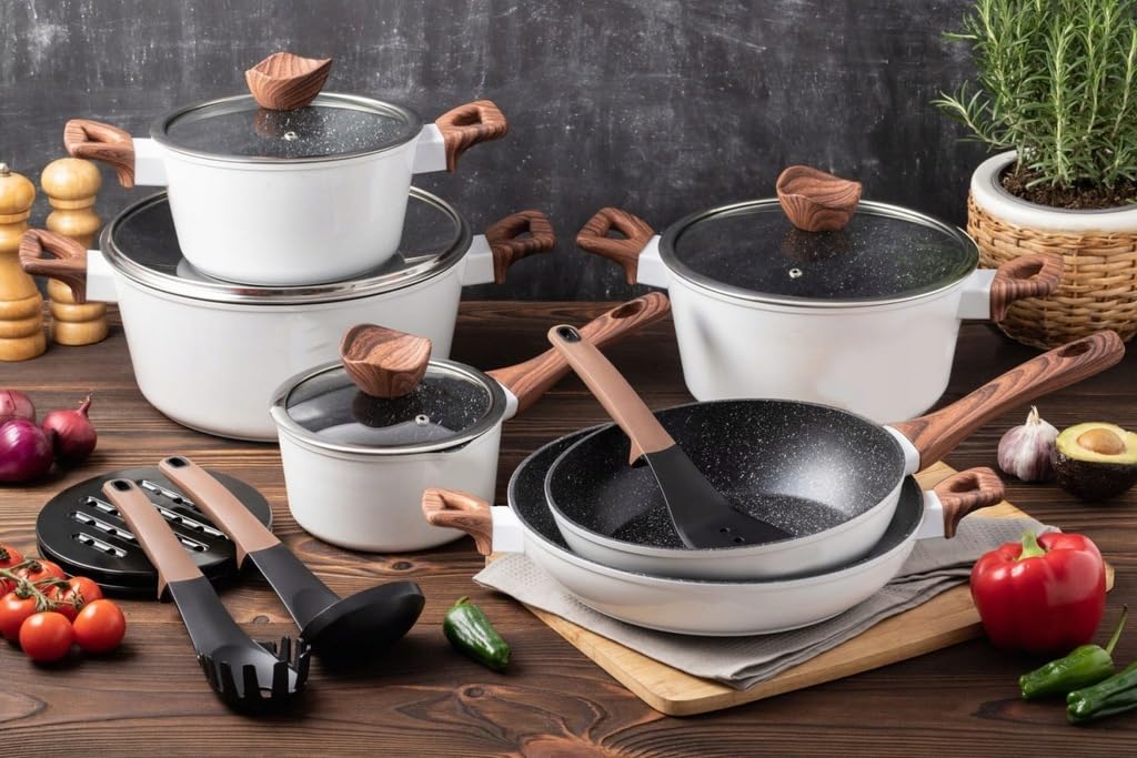 Lot de 21 Casseroles, Revêtement Marbré, Couvercles en Verre, Blanc | Compatible tous feux dont induction, antiadhésif céramique effet marbré, set complet poêles et ustensiles de cuisine
