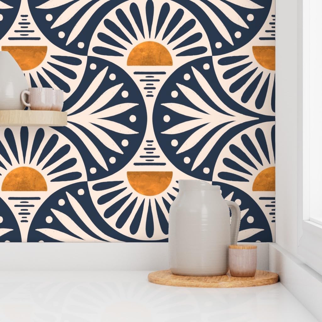 Spoonflower Removable Wallpaper 3ft x 2ft - Art Deco Boho Sunset Leaves Gold Geometric Navy Sun Custom Pre-Pasted Wallpaper