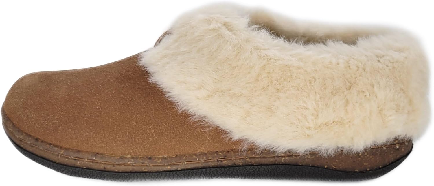 Clarks Womens Slipper Suede Leather Plain Toe - Plush Faux Fur Collar/Lined With A Cork Midsole - Open Back Indoor Outdoor House Slippers For Women (Cognac US 6 - Image 2