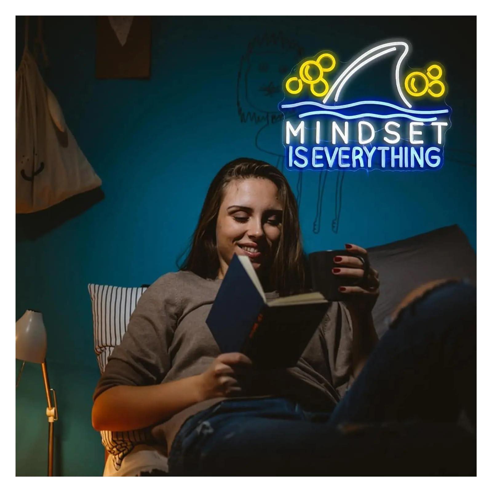 néon signe Enseigne Lumineuse Mindset Is Everything À Intensité Variable, Poisson Requin, Décoration Murale Pour Salle De Classe, Bureau, Chambre À Coucher, École