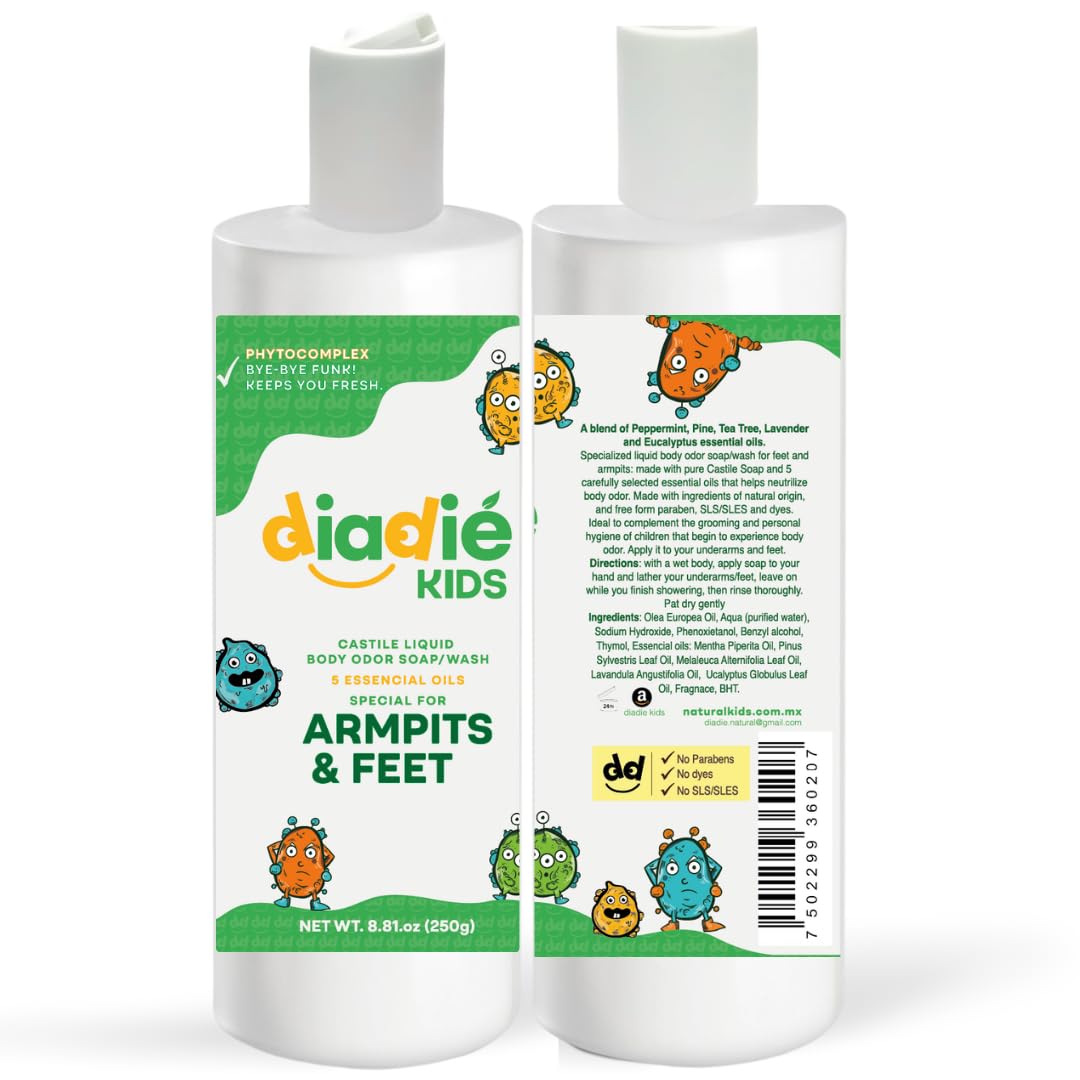 DIADIÉ Kids Natural Castile Liquid Body Odor Soap/Wash, For Armpits, Boys or Girls, Made With 5 Essential Oils, 8.81 oz each, 2 Pack