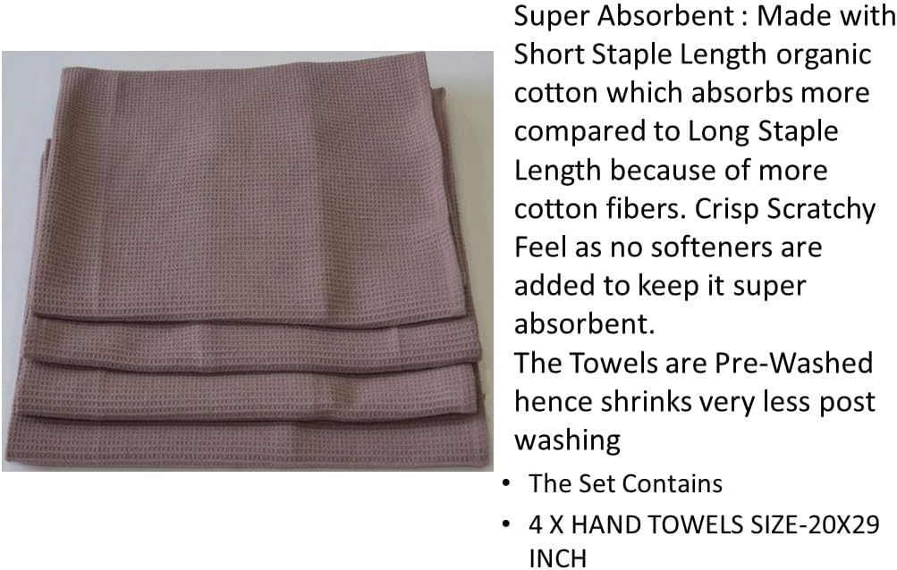 Waffle Hand Towels Pack of 4, 20X29 INCHES, 100% Natural Organic Cotton GOTS Certified (Mauve) Super ABSORBANT & Quick Dry, NO SOFTENERS, Environment Friendly