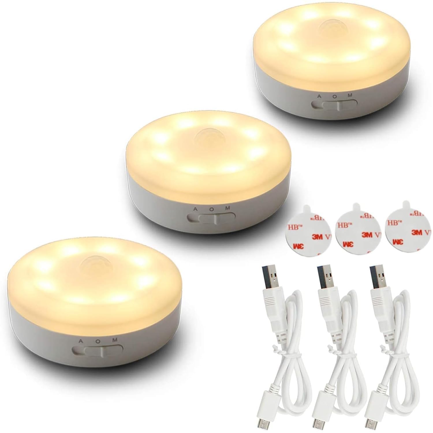 VIAXANA Motion Sensor Light for Home with USB Charging Wireless Self Adhesive LED Body Induction Lamp Sensor Light for Wardrobe Lights Sensor Night Light for Cupboard Stair (Round - Warm White, 3)