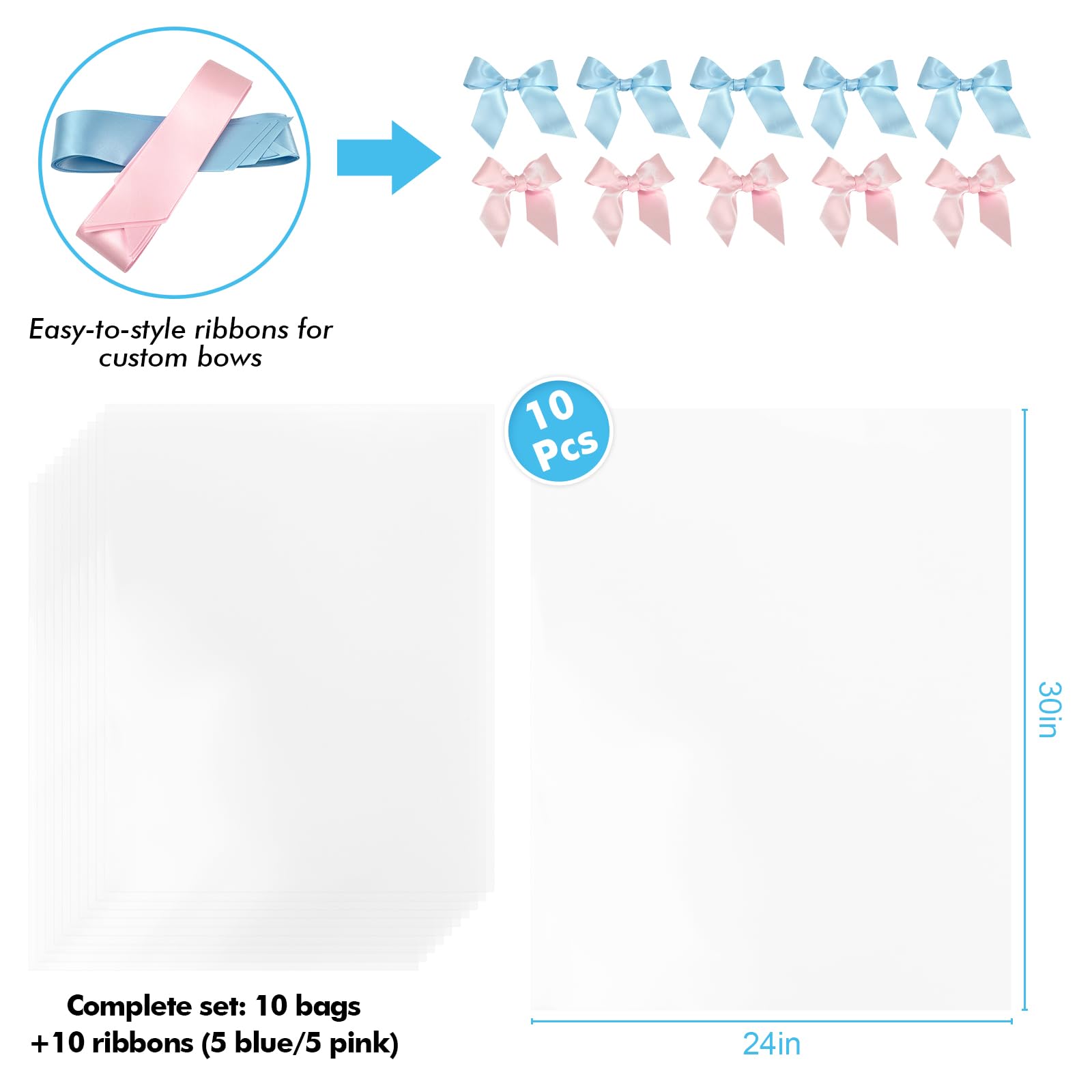 EKAPACKAGING Zestaw 10 przezroczystych taśm celofanowych, 61 x 76 cm, na prezent na Wielkanoc, Dzień Matki, przekąski, do pakowania żywności, na baby shower, jako niespodzianka, celofan