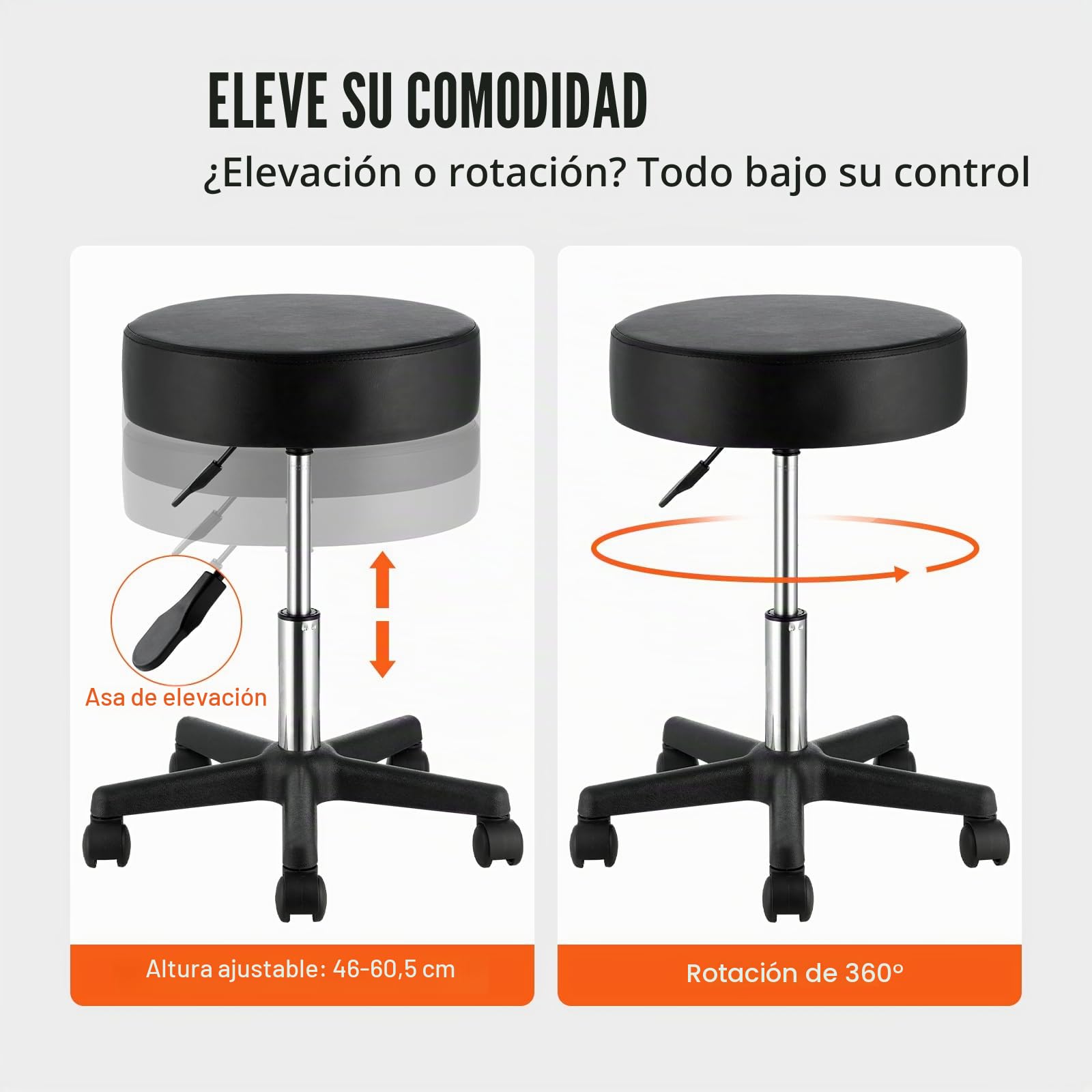 VEVOR Taburete de Oficina Carga de 181 kg Taburete con Ruedas Rotación de 360​​° Altura Ajustable de 46-60,5 cm Silla con Ruedas Cojín Grueso 10 cm Cubierto con Cuero de PU para Salón Clínica Oficina