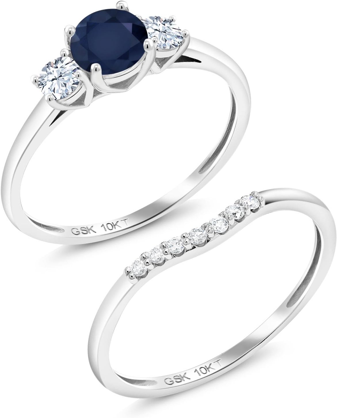 Gem Stone King 3-Stone Bridal Engagement Wedding Ring Set For Women | 10K White Gold Gemstone Birthstone White Created Sapphire and Lab Grown Diamond | Round 5MM and 3MM | Available in Size 5,6,7,8,9