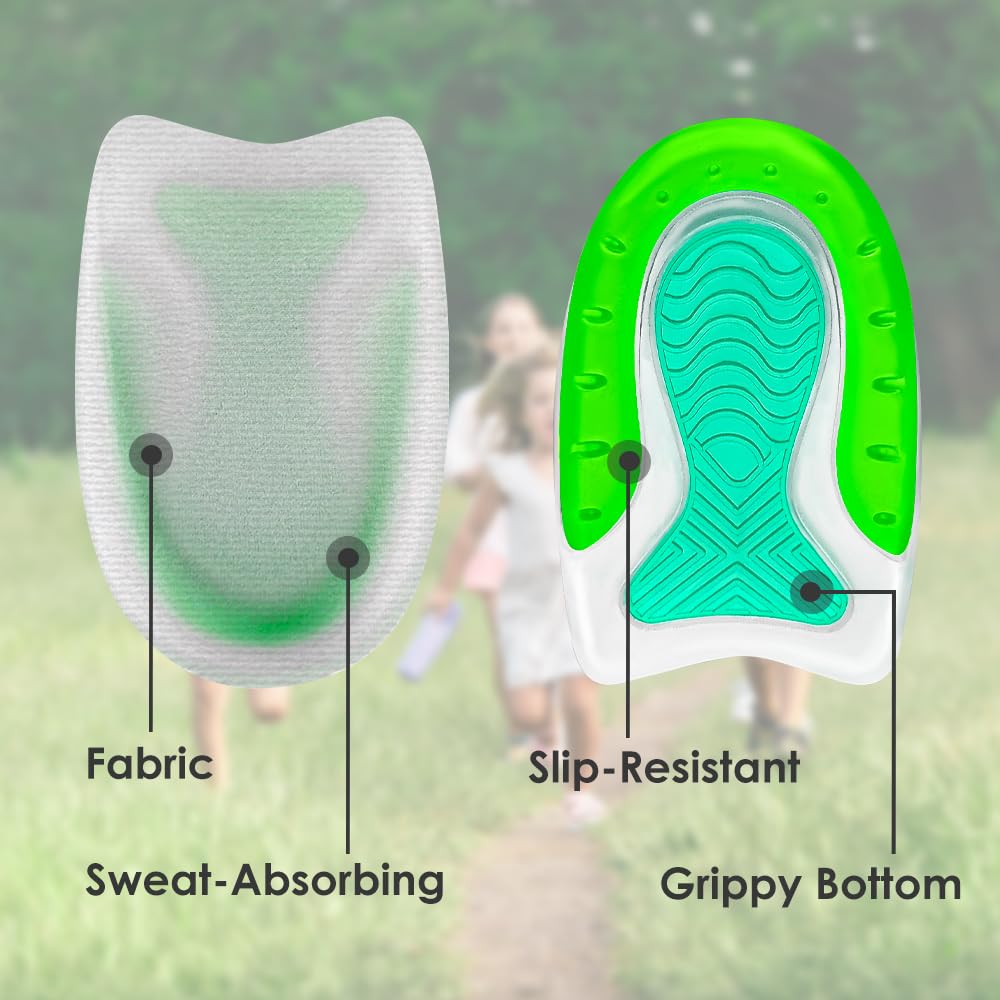 Kinder-Fersenschalen – leichte Gel-Fersenschalen für Kinder-Fersensporn, Plantarfasziitis, Knöchelschmerzen, stoßdämpfend (grün, 2 Paar Kindergröße 3–7)