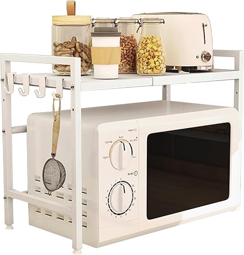 Miniatura 7 de Soporte Expandible para Microondas de Encimera, Estante Sobre Microondas de 3 Niveles Resistente con 4 Ganchos, Estante de Horno de Microondas de