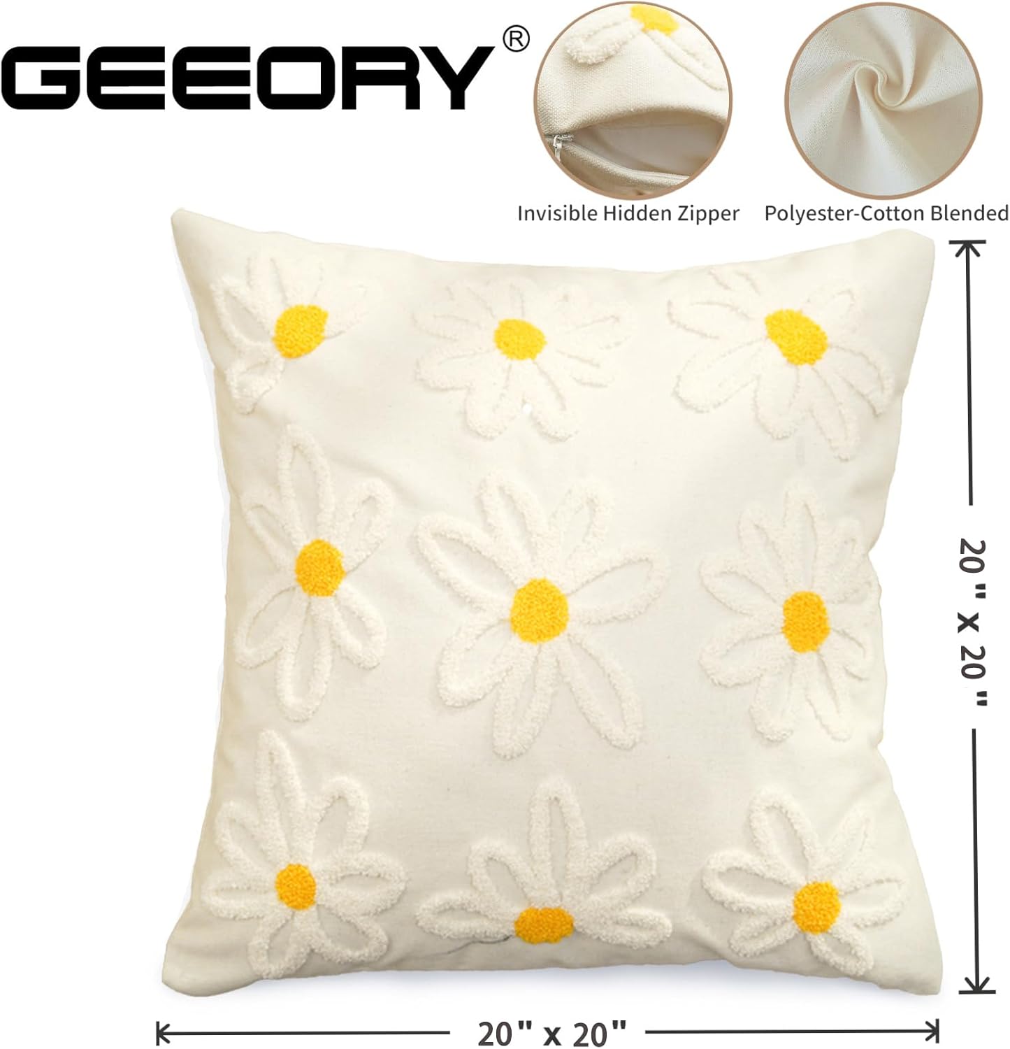GEEORY 2-Pack 20x20 Inch Daisy Embroidered Cotton Pillow Cover | Farmhouse Spring Summer Home Decor | Durable Canvas Cushion Case for Living Room, Sofa & Bed