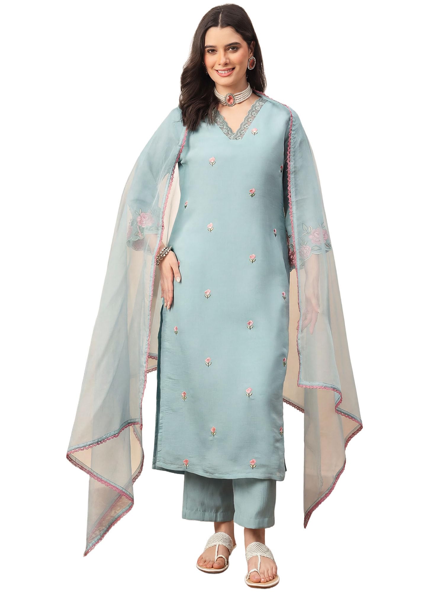 Women's Floral Embroidered Chanderi Cotton Kurta & Silk Blend Pant Set And Organza Dupatta Ethnic Wear Salwar Suit Set (ES_2594)-image-45
