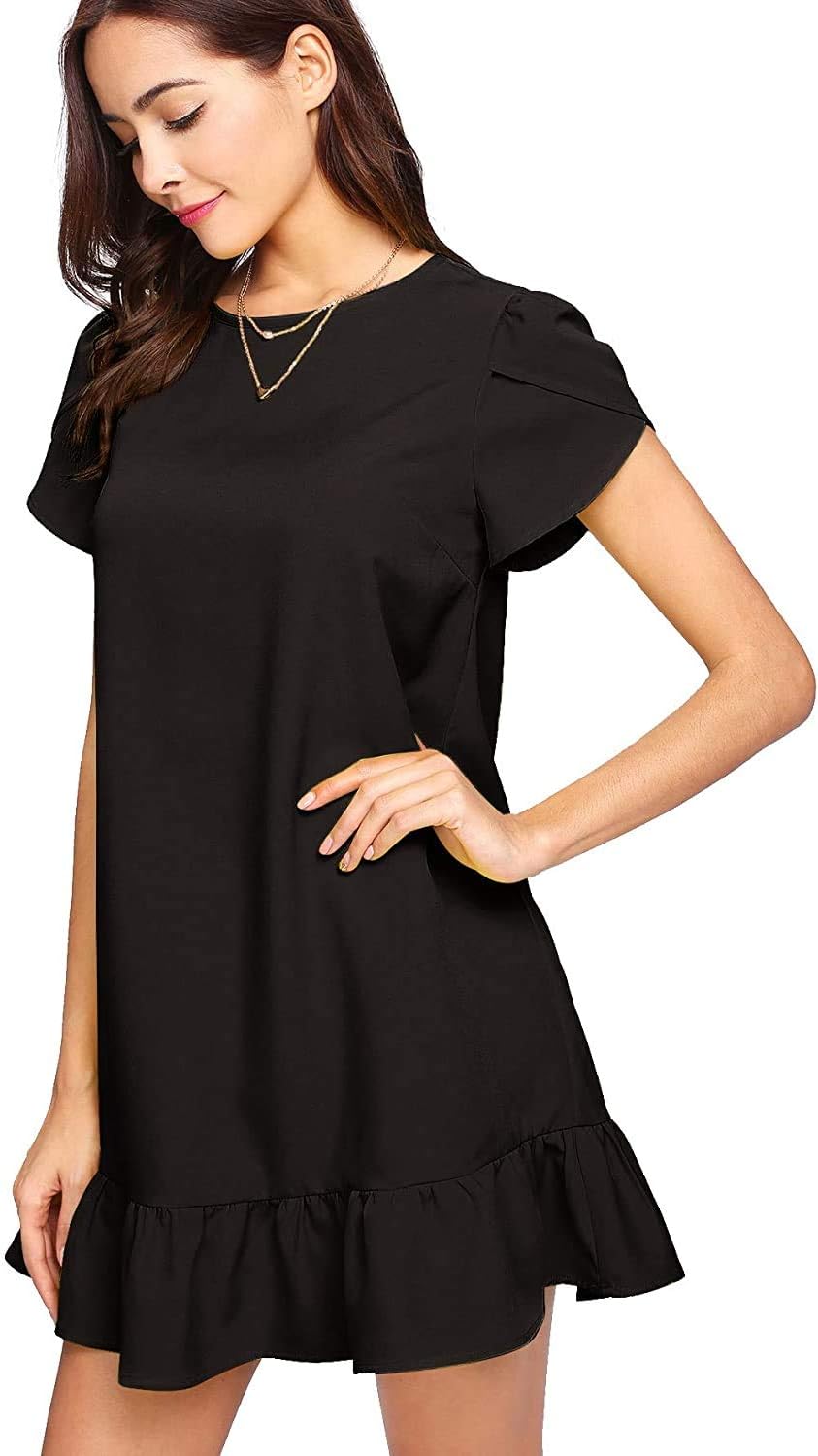 Women's Summer Casual Dresses Ruffle Hem Petal Short Sleeve Loose Swing Tunic Mini Dress - Image 4