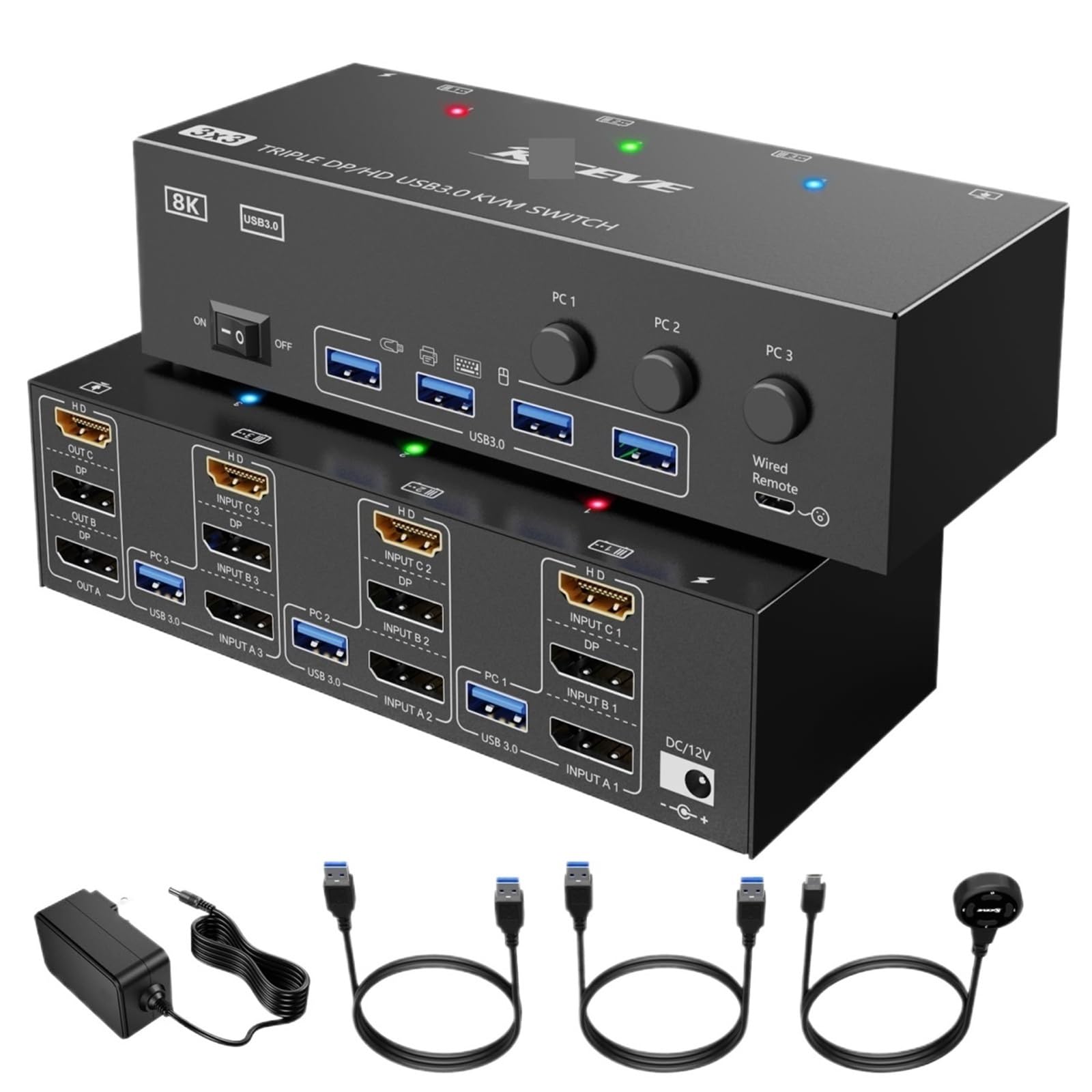 KVM Switch 3 Ordenadores 3 Monitores 8K Triple Monitor KVM para 3 PC Share 4 USB 3.0 Device(EU Power Plug)