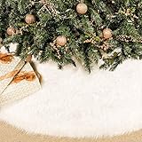 Christmas Tree Skirt, 48 Inch Snowy White Faux Fur Xmas Plush Tree Skirt, Winter Large Christmas Tree Mat, Holiday Party Christmas Tree Decorations