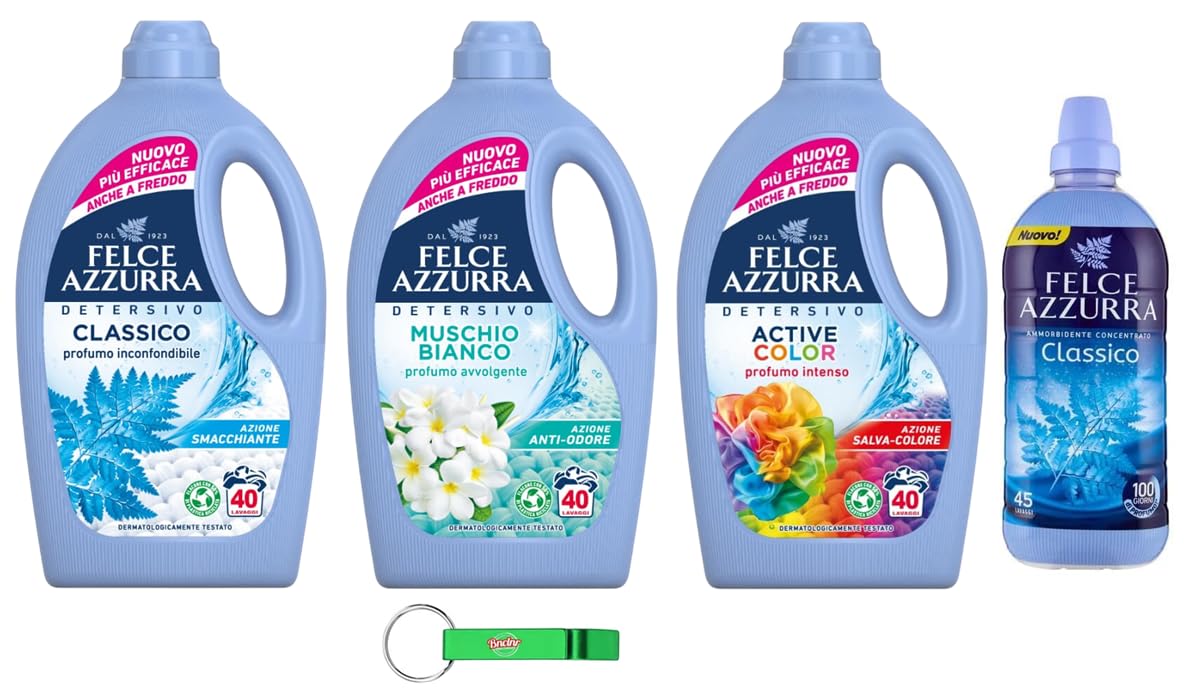 Felce Azzurra - Detergente líquido para lavadora, 3 paquetes de 1595 ml, 40 lavados + 1 suavizante concentrado de 900 ml + llavero Beni Culinari gratuito