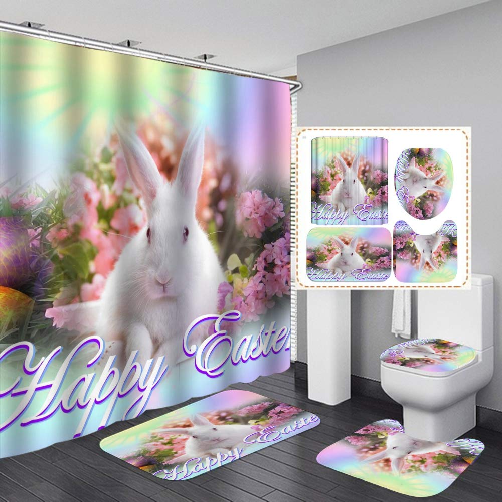 Forart 4PCS Happy Easter Shower Curtain Set, Colorful Rabbit and Easter Eggs Flowers in Grass Artwork Spring Festival Shower Curtains for Bathroom Accessories Set