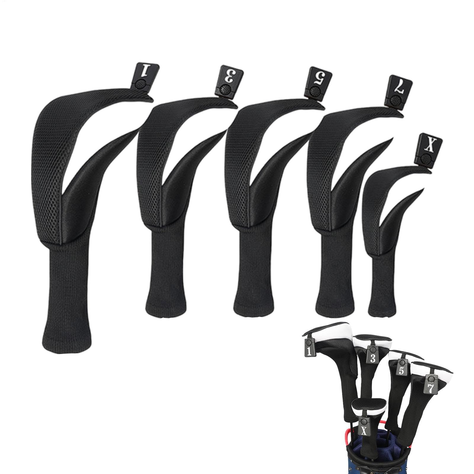 Copricapo per mazze da golf, copricapo per mazze da golf,5 pezzi Copricapo ibrido da golf Copri mazze protettive per collo lungo - Copricapo ibrido in legno con etichette numeriche Copricapo protettiv