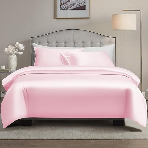 AiMay Juego de funda de edredón de satén de 3 piezas, color rosa, tamaño Queen, serie 1800, de lujo, seda rica, sedoso, súper suave, color sólido,
