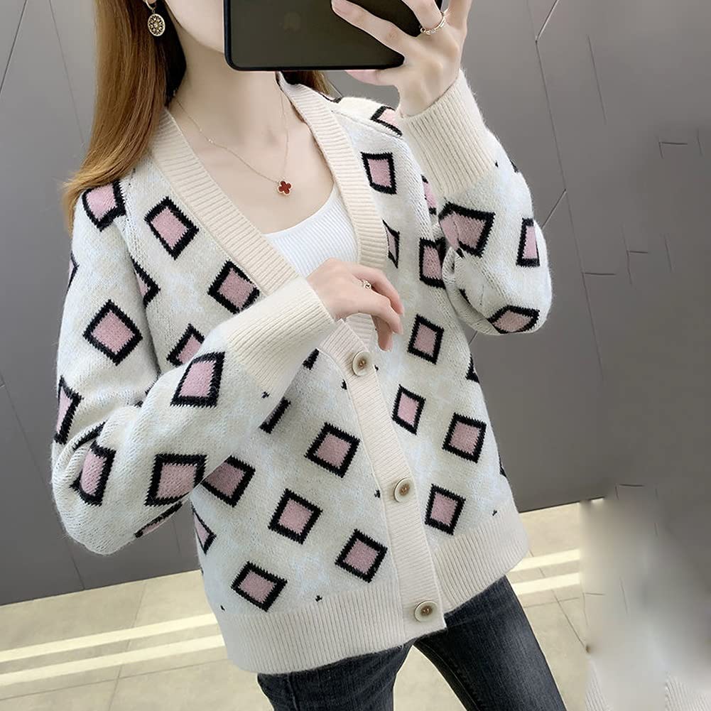 Cárdigan de otoño Nueva Chaqueta de Punto de suéter Corto para Mujer Suéter de Abeto de Damas de Primavera Dulce (Color : Blanco cremoso, Tamaño : L) (Blanco cremoso.)