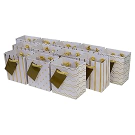 OccasionALL Tiny Gold Gift Bags, Mini Christmas Gift Bags with Handles, Assorted Print Holiday Bags for Gift Wrap, Birthdays, Weddings, Parties, Events, Bulk, 4x2.75x4.5, 12 Pack