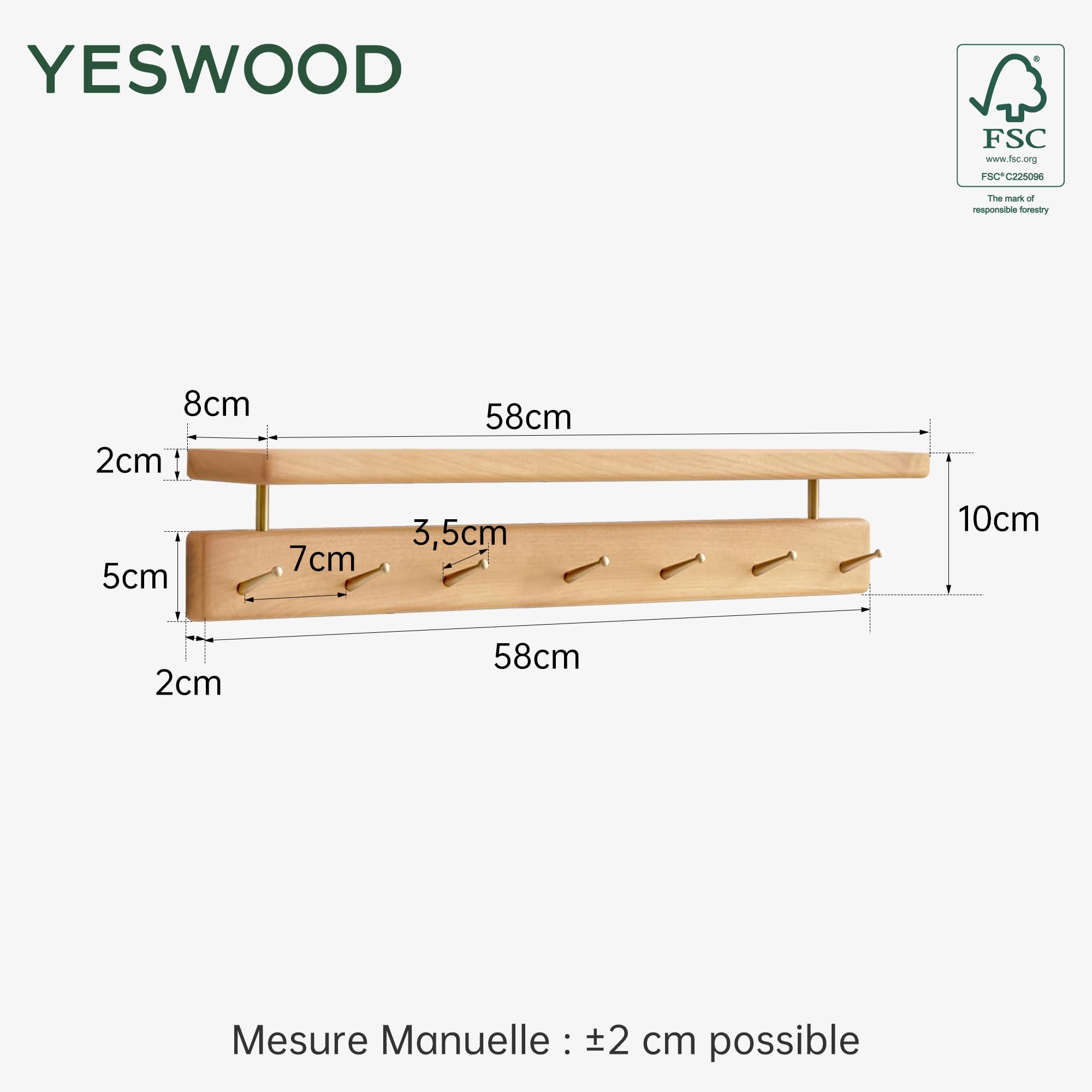 YESWOOD Porte Manteau Mural en Hêtre Massif, 7 Crohets en Laiton, Porte Clé Mural avec Étagère, Patère Mural pour Vêtements, Chapeaux, Serviettes, Hêtre Naturel