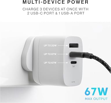 Native Union Fast GaN Charger PD67W Ultra-Compact Three-Port Power Delivery Enabled USB-C & USB-A Travel Charger Up to 67W MacBook Pro, iPads, iPhones, Pixel, Galaxy & More (White)