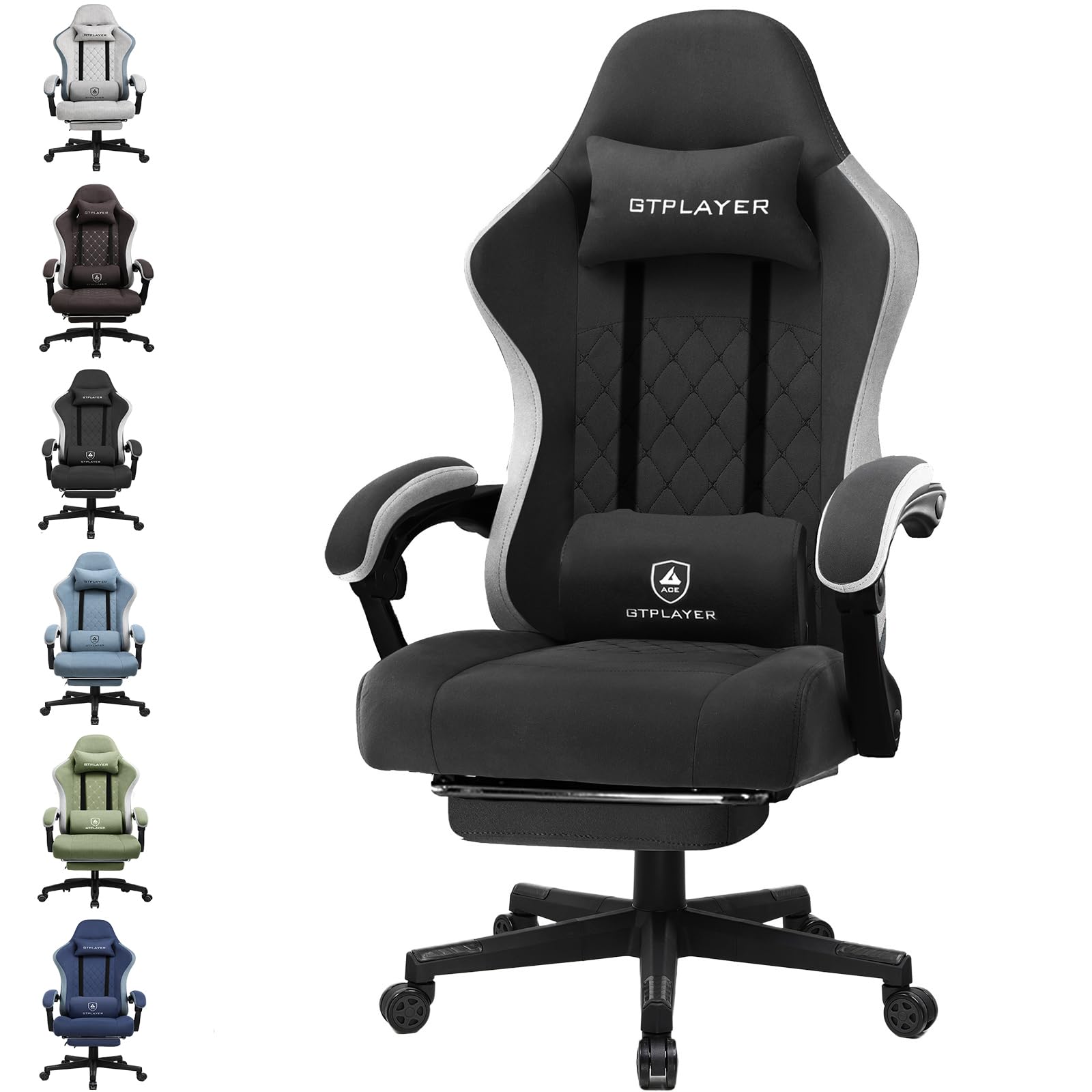 GTPLAYER sedia gaming ergonomica sedia da gaming tessuto traspirante schienale alto con cuscino imbottito a molle, poggiatesta e supporto lombare per giochi di studio e lavoro nero