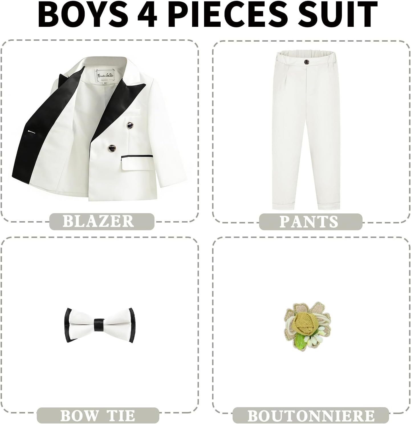 Boys Tuxedo Suit Set 4 Pieces Toddler Suits Slim Fit for Teen Formal Dress Clothes Peaked Lapel Kids Wedding Outfit