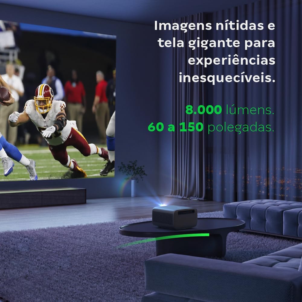 Projector displaying a large image in a living room setting