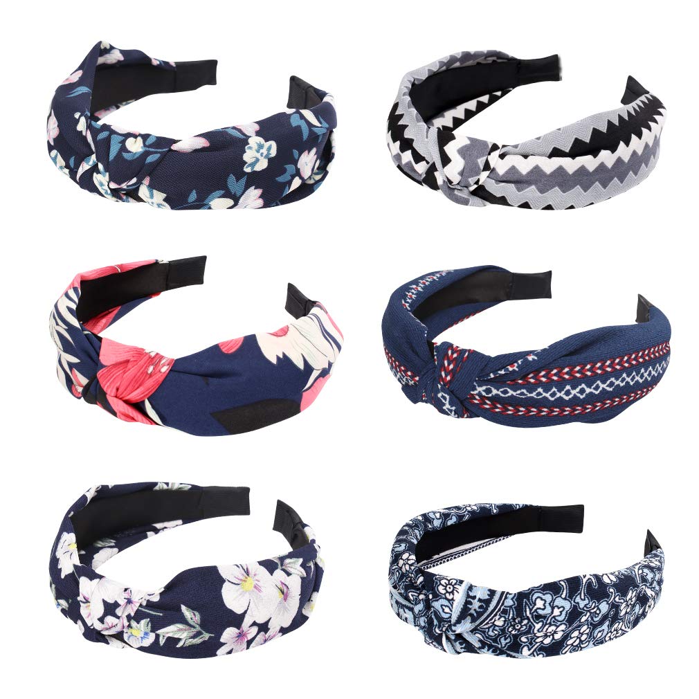 Canitor 6 Pack Top Knot Headbands Wide Knotted Black Headbands Cute Headbands for