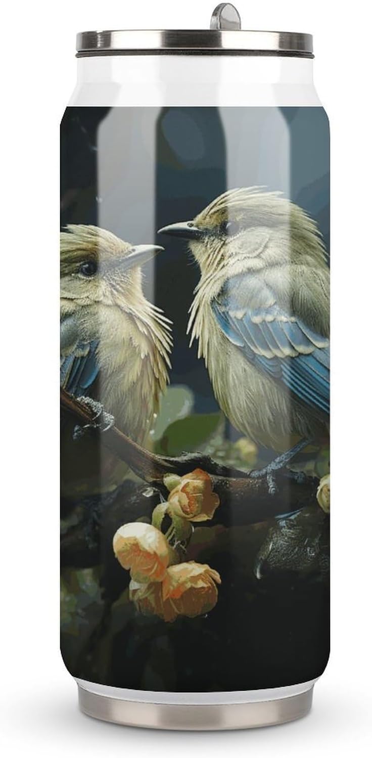 Stainless Steel Cups Green Leaves And Birds Printed Coke Cup Stainless Steel Insulated Cups with Lid And Straw