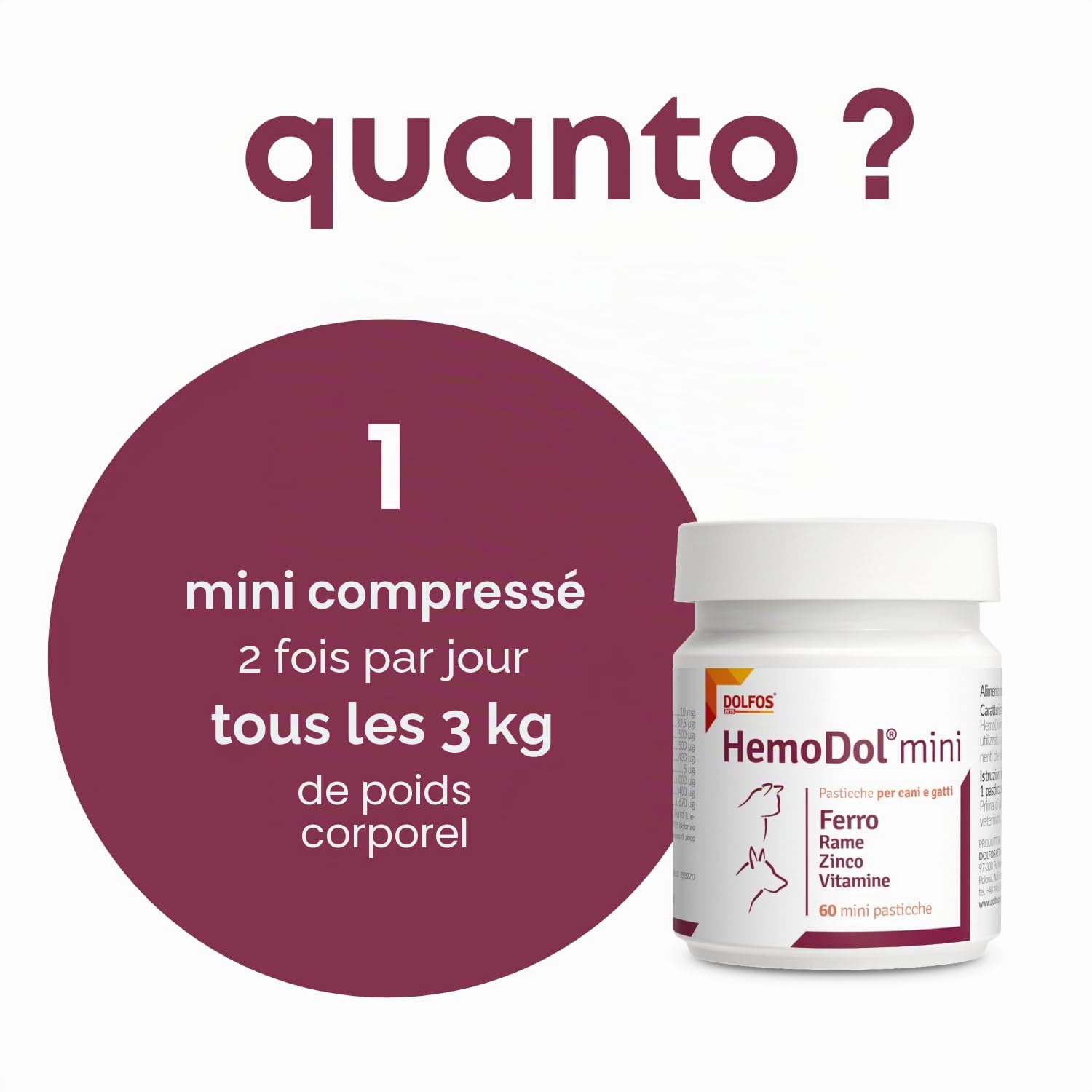 Pets Dolfos Hemodol 60 Mini comprimés - Support complémentaire pour chien et chat pour anémie - Formule avancée contre la carence en fer - Contient du fer, du cuivre zinc et des vitamines