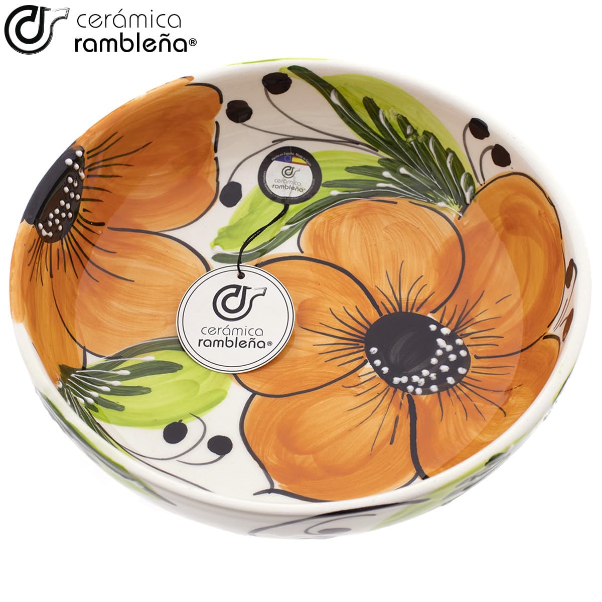 CERAMIKA RAMBLEŃSKA | Ceramiczna miska do sałatek | Oryginalne salaterki | Dekoracja salaterki z kwiatem pomarańczowym - model 27 | 100% ręcznie robiona dekoracja | 27x27x7 cm