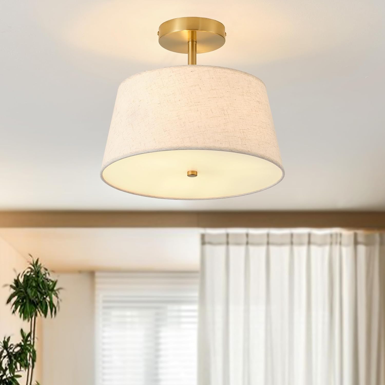 12.6" Gold Semi Flush Mount Ceiling Light Fixture, Modern Close to Ceiling Light with Fabric Lamp Shade for Bedroom Hallway Nursery Living Room Kitchen Island(T-Shape Gold)