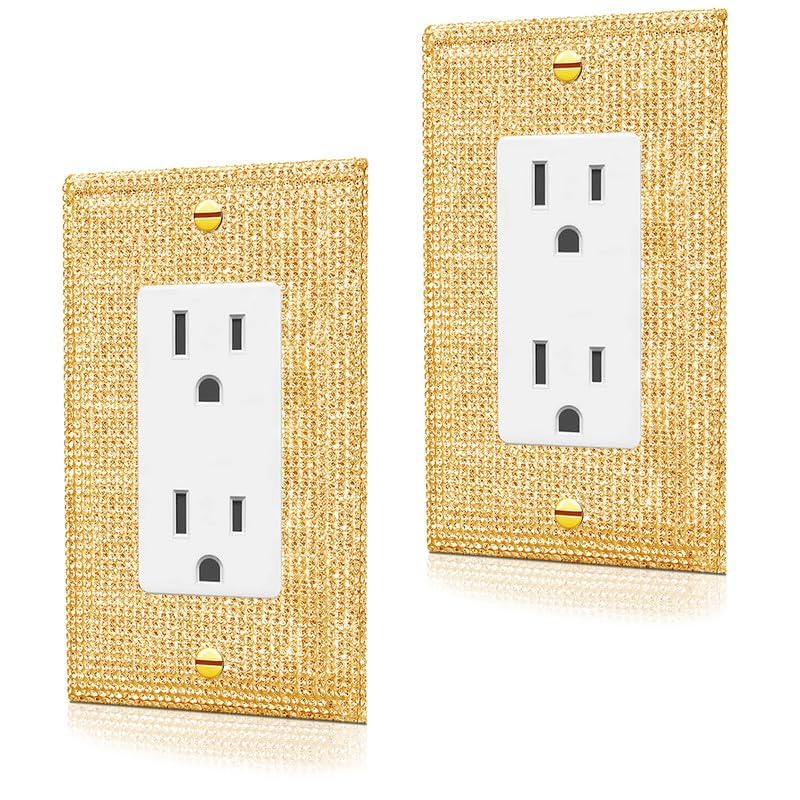 Image of 2 Pcs Golden Rhinestones Double Hole Outlet Light Switch Plate Decorative Outlet Covers Light Switch Cover Rhinestones Outlet Covers Wall Plate