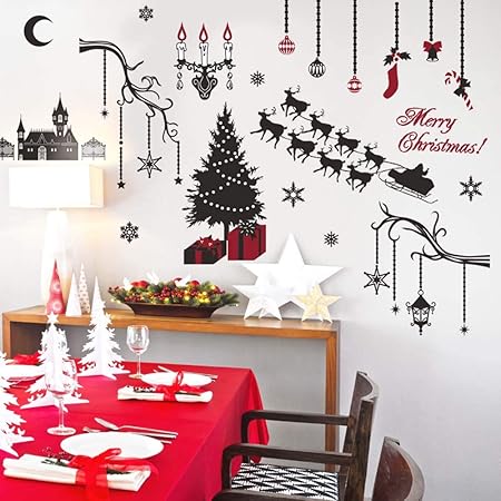 Amazon クリスマス ウォールステッカー アンティーククリスマス2枚セット ツリー サンタ モノトーン 星 スクウェアショップ ウォールステッカー