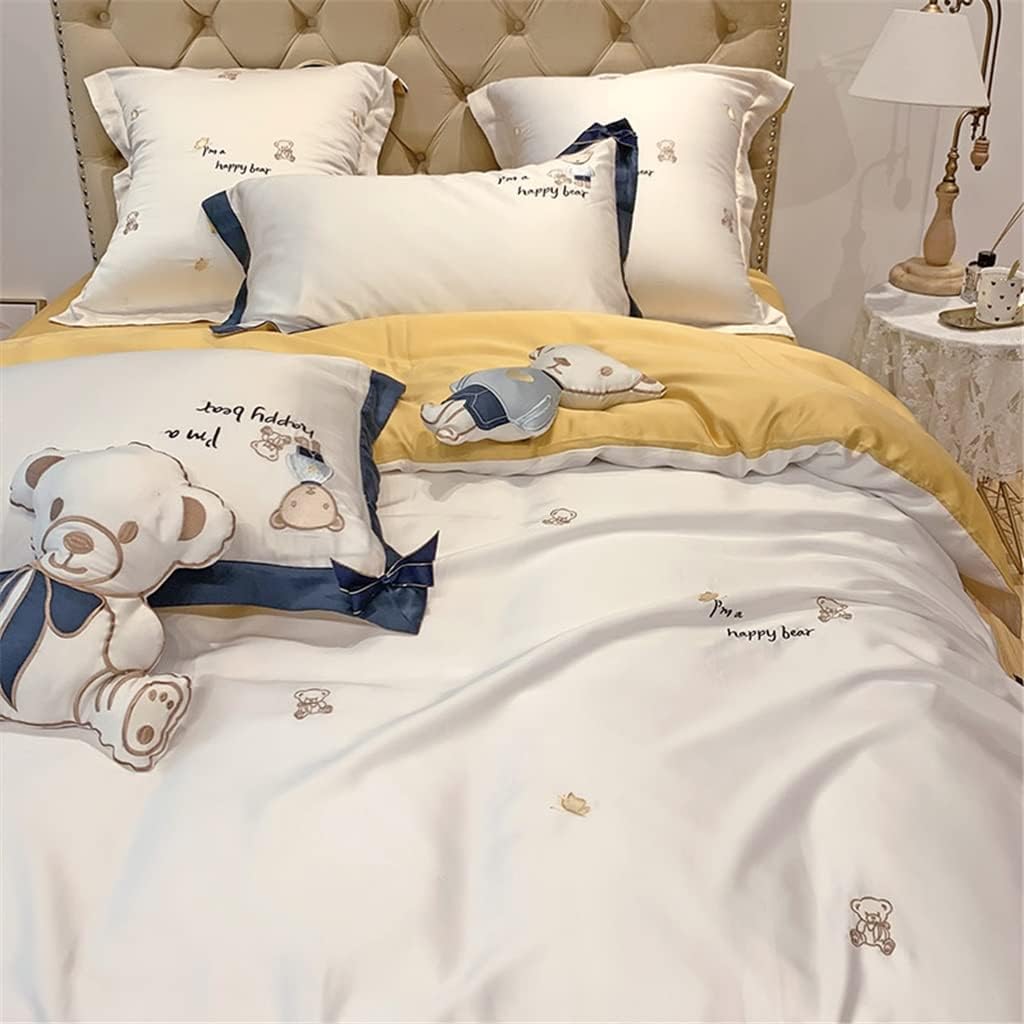 Cartoon Long-Staple Cotton Cute Bear Embroidery Four-Piece Girl Heart Bowknot Pure Cotton Duvet Cover Bedding (Color : Pink 4-Piece Suit, Size : 1.5m)