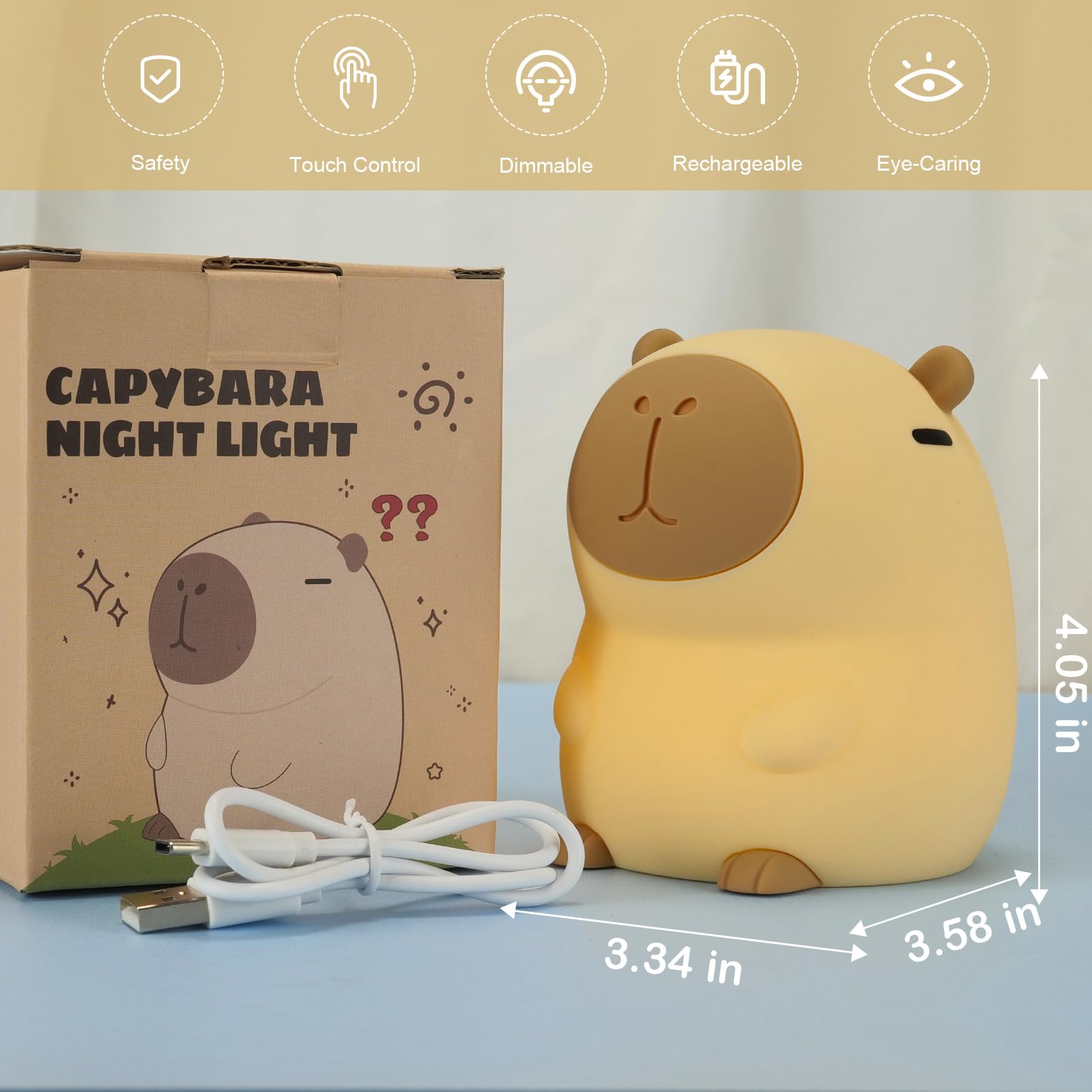 Capybara noche luz linda suave silicona niños habitación noche luz regulable animales noche luz con temporizador y grifo control, regalo de Navidad