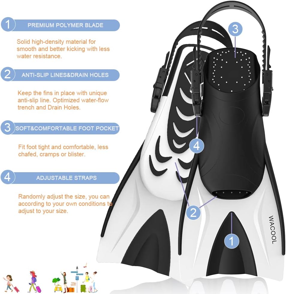 WACOOL Adult Short Light Adjustable Travel Size Fins Short Blade Fins Flippers for Snorkeling Diving Scuba Swimming Training (White,L-XL)