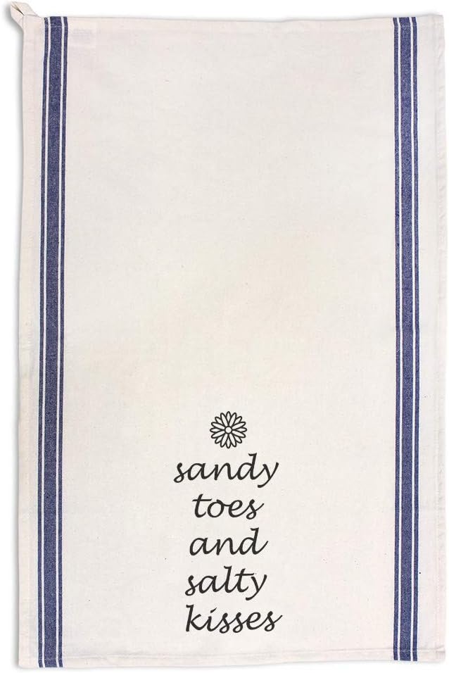 Custom Decor Kitchen Towels Sandy Toes and Salty Kisses Beach Ocean Seasons Summer Cleaning Supplies Dish Towels Blue Stripe Design Only