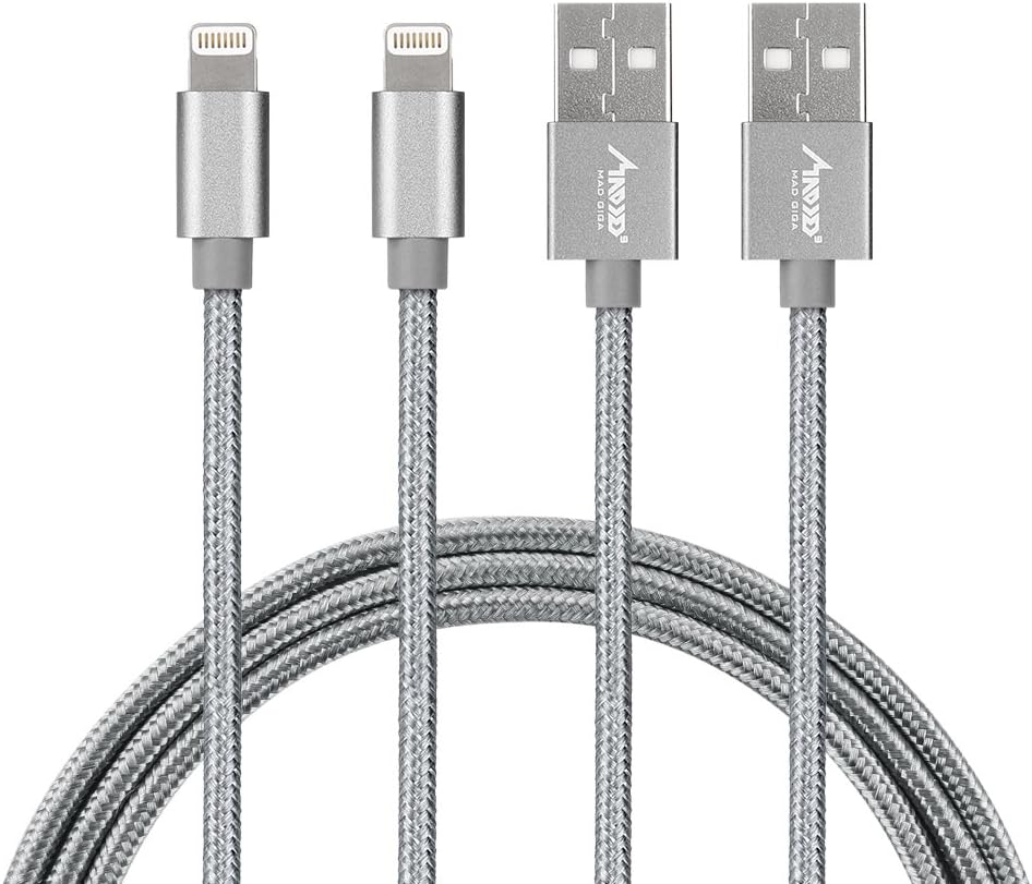 Lightning Cable [2 Pack], MAD GIGA Durable and Fast iPhone Charger Nylon Braided Charging Cable (6ft) for iPhone X/ 8/ Plus/ 7/7 Plus/ 6/6 Plus/ 5s, iPad Air 2 and More (Gray)