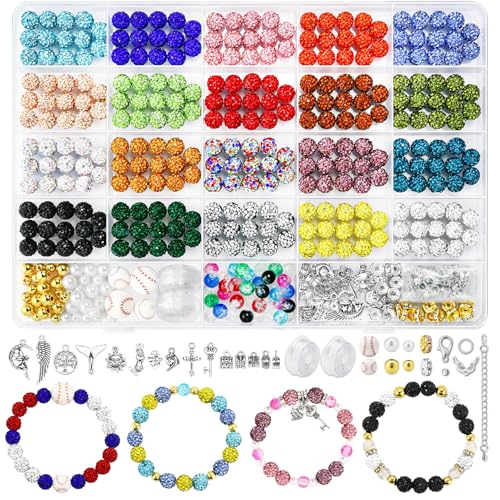 Dowarm 480PCS 10mm Rhinestone Beads Kit for Jewelry Making Baseball Necklace Friendship Bracelet Round Disco Ball Rhinestone Clay Beading Set with Crackle Spacer Beads Charms for DIY Crafting