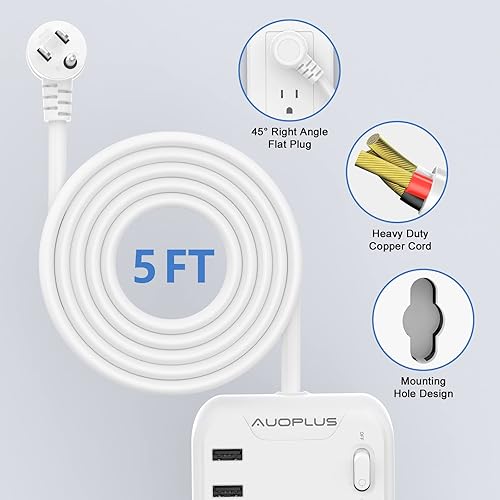 Miniatura 4 de AUOPLUS Regleta protectora de sobretensiones  6 salidas con 3 puertos USB, cable de extensión de 5 pies, tiras de alimentación de enchufe plano