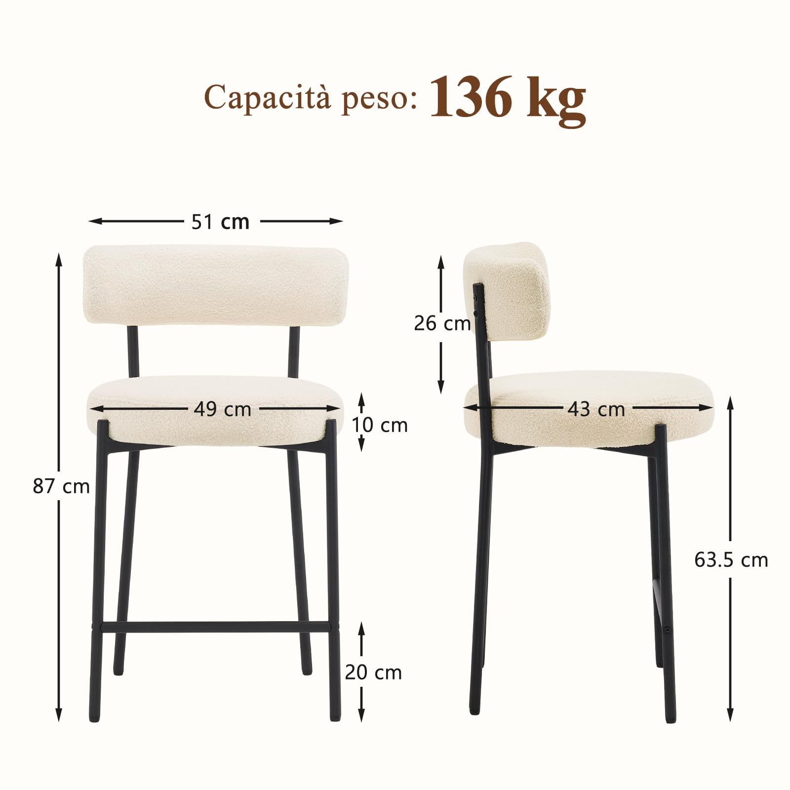 Ckaff Set di 2 Sgabelli da Bar, Sgabelli da Bar Alti con Schienale, Sedie da Cucina con Poggiapiedi, Seduta alta 63,5cm per Bar, Caffè, Isola della Cucina, Bianco