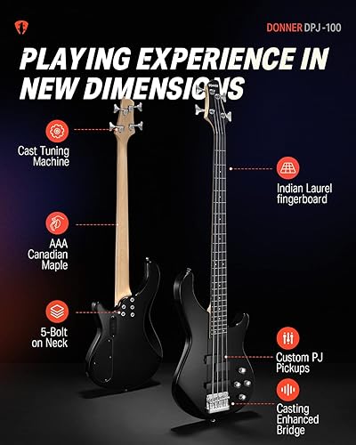 Miniatura 4 de Donner Bajo eléctrico de 4 cuerdas de tamaño completo, bajo estándar estilo PJ, bajo eléctrico para adultos con lección en línea gratuita, correa de