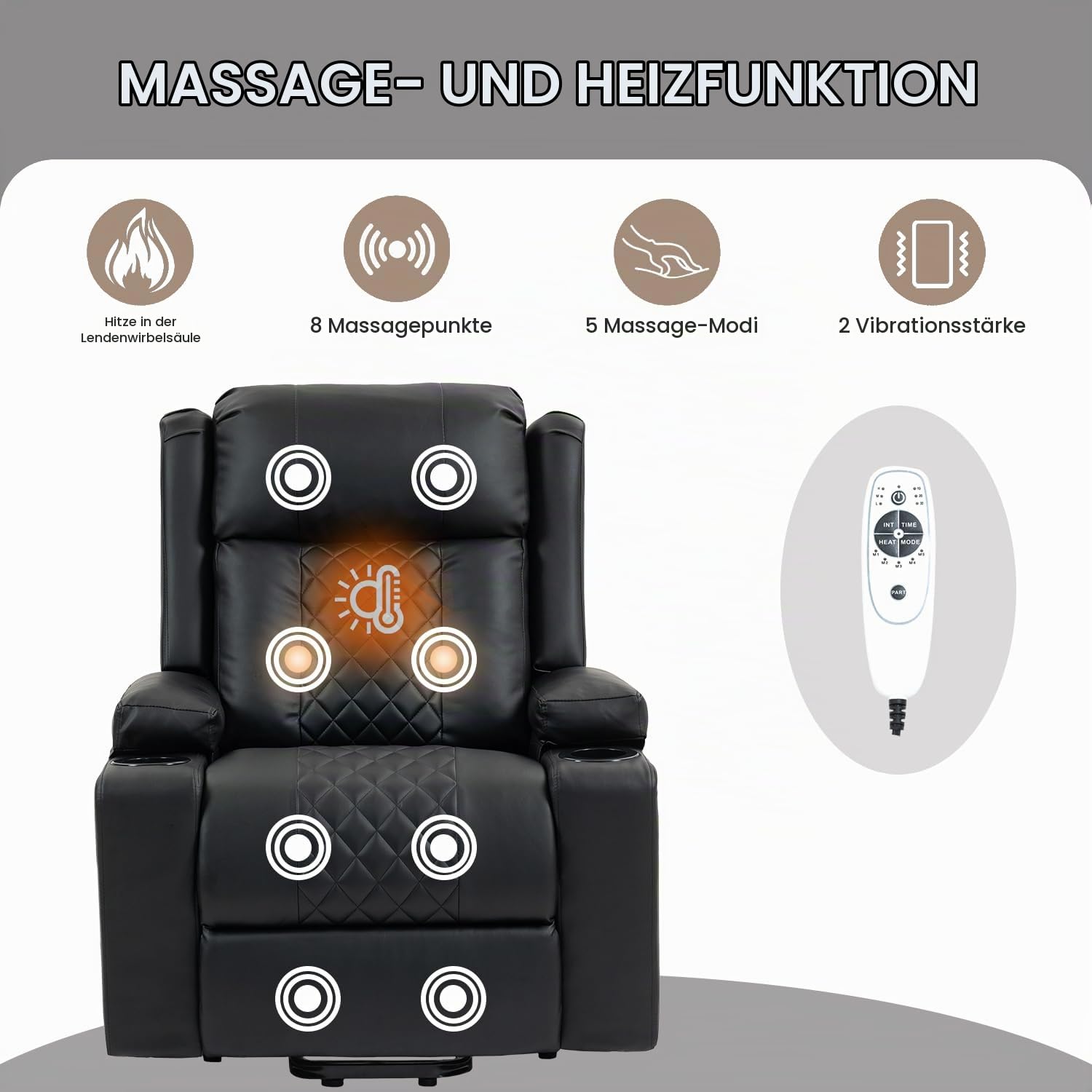 Relaxsessel mit Aufstehhilfe Elektrisch Verstellbar Fernsehsessel mit Liegefunktion Massage Wärmefunktion, Type C&USB -Anschlüsse, Lesesessel TV Sessel Wohnzimmer