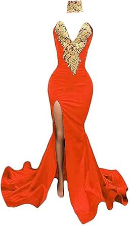 Fanciest Womens Gold Appliques Mermaid Prom Dresses Long Split Evening Gowns